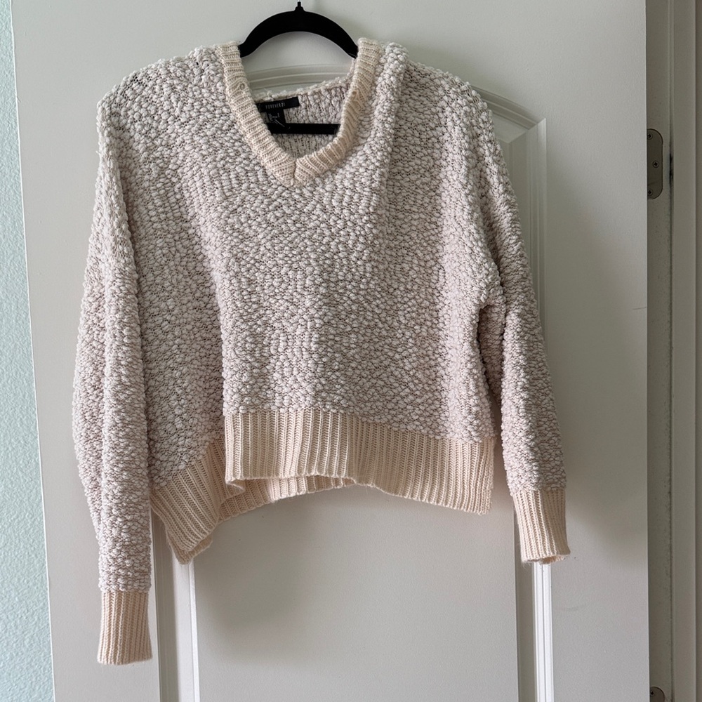 Forever 21 Cream Textured V-Neck Sweater